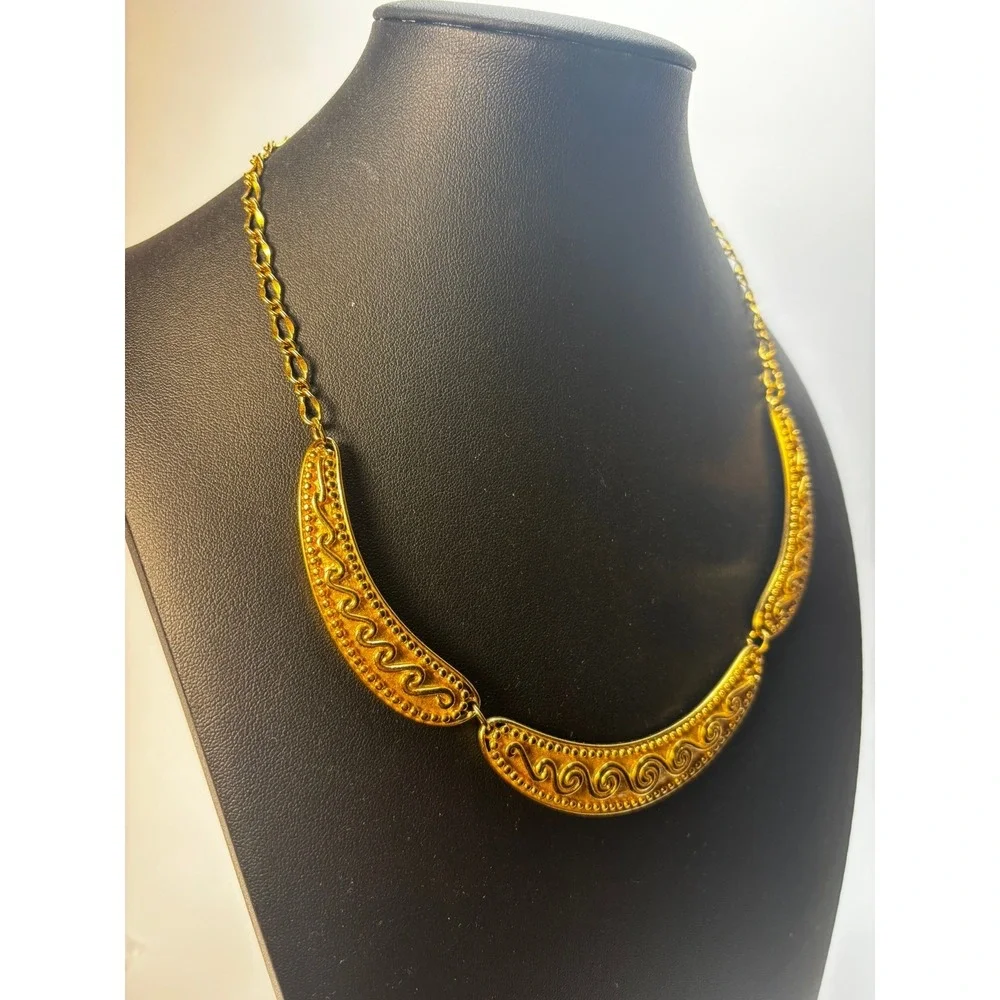Vintage Gold Bib‎ Necklace Scrollwork Statement Jewelry Greek Revival